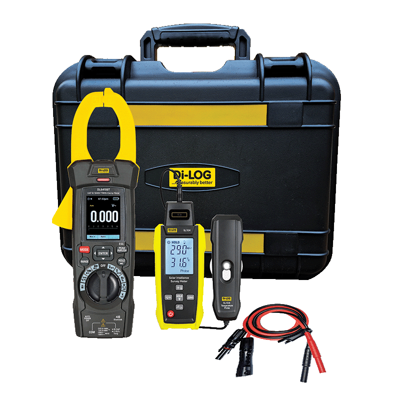image of solar test kit with irradiance meter, clamp meter and carry case