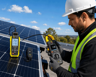 Picture of Solar PV installer using the SL104 Irradiance Survey Meter and DL6415 Solar Clam